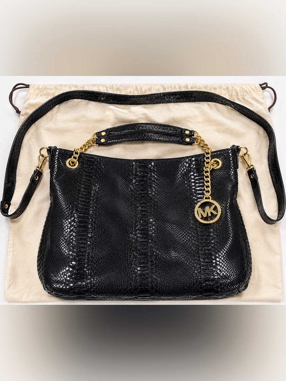 Michael Kors Black Patent Snake-Embossed Shoulder Bag with Gold MK Charm